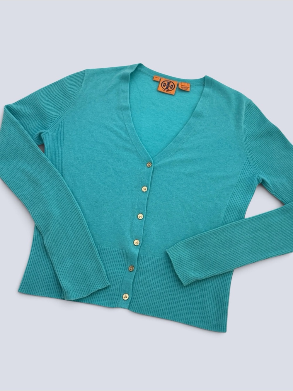 Tory Burch Cashmere Cardigan Gold Logo Buttons Tiffany Blue Size Small - Picture 2 of 13
